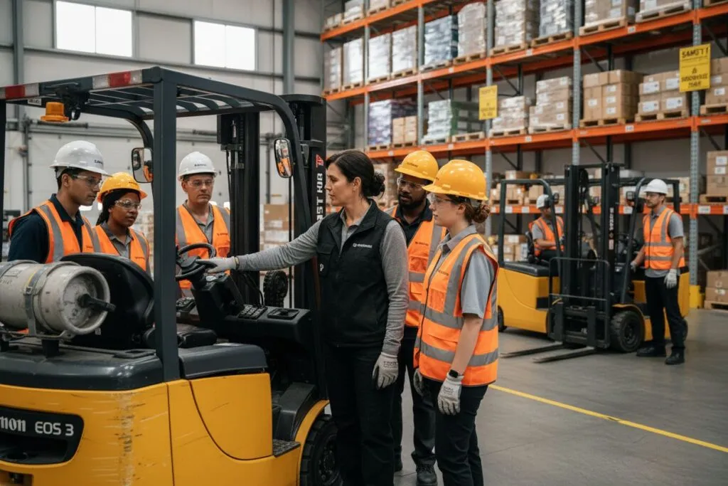 Trainees learning safe forklift operation techniques during a practical training programme in Singapore