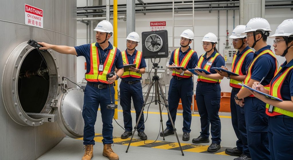 A Singapore trainer conducting confined space training to a batch of learners.