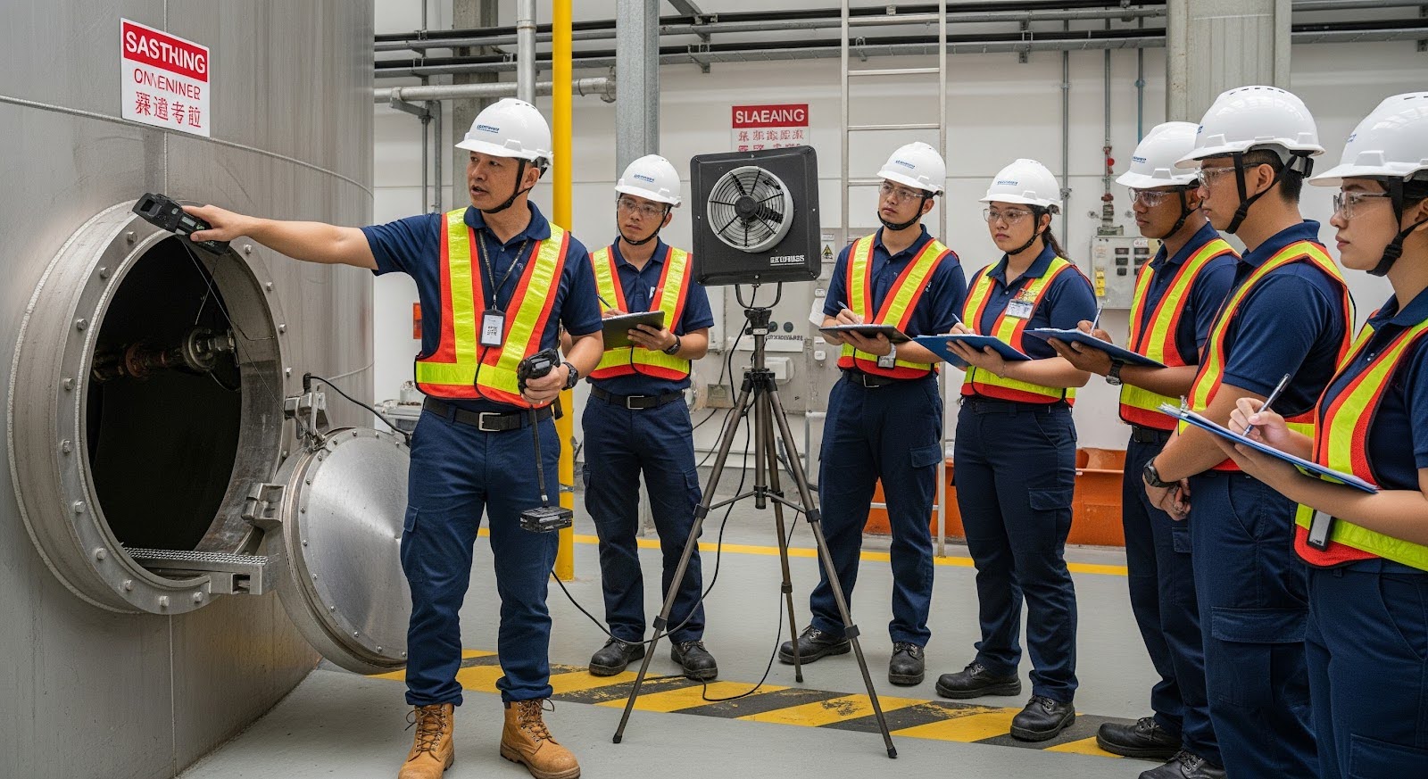 A Singapore trainer conducting confined space training to a batch of learners.