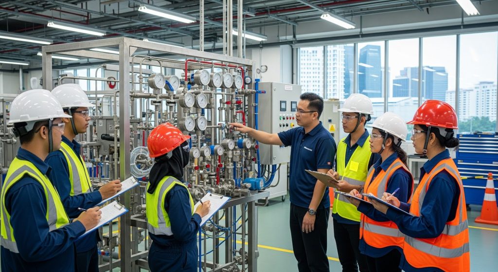 Students learning industrial machine operation under supervision at an approved training organisation in Singapore.